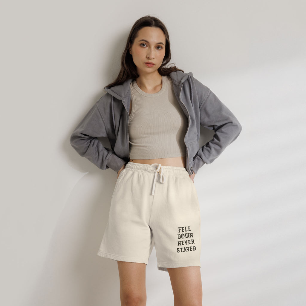 Fleece Sweat Shorts — “Fell Down Never Stayed” Motivational Lounge Shorts
